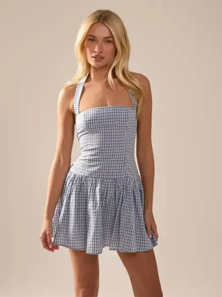 Blue Gingham Halterneck Shift Dress